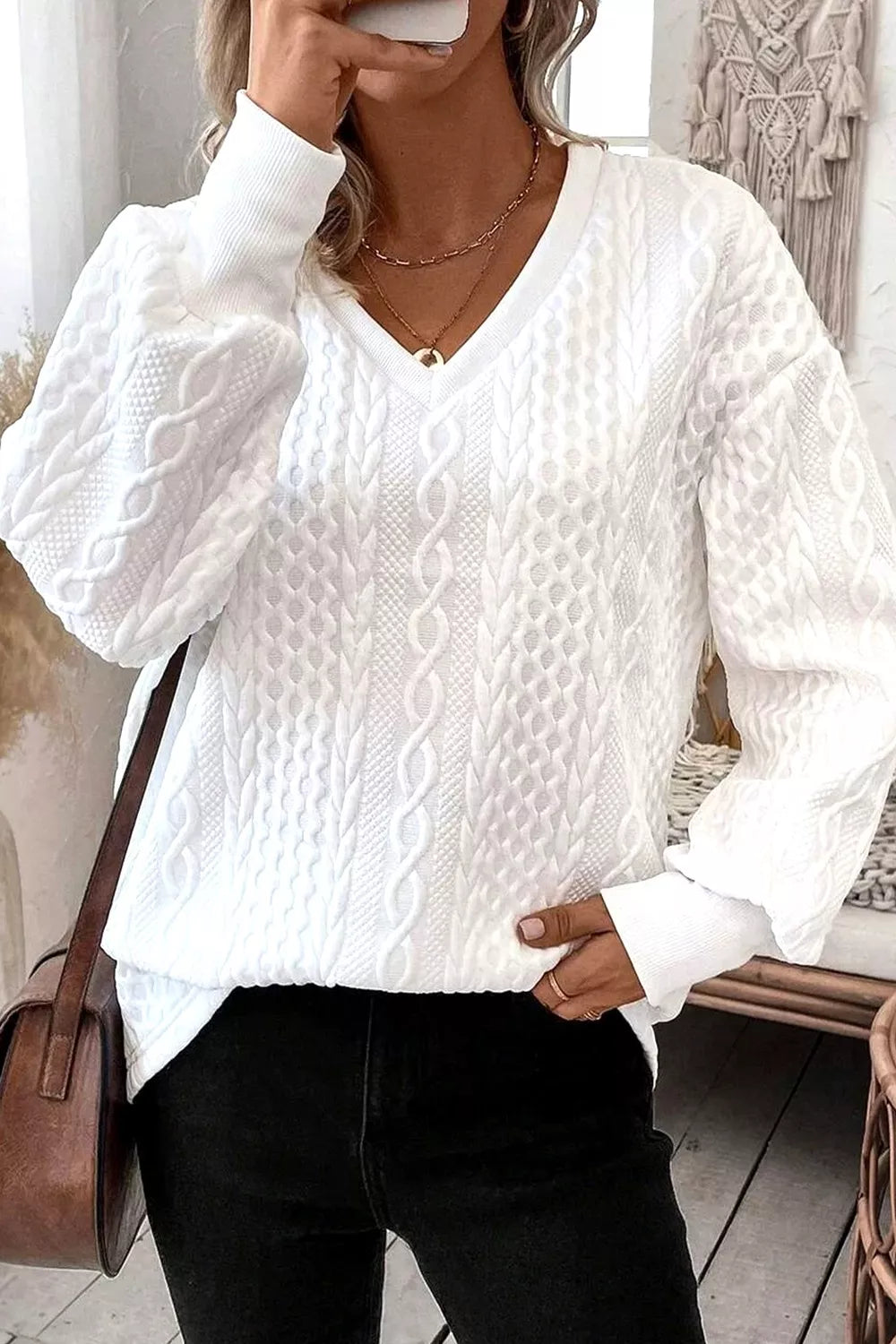 Solid Color Textured V Neck Drop Shoulder Knit Top – YTL Fashion