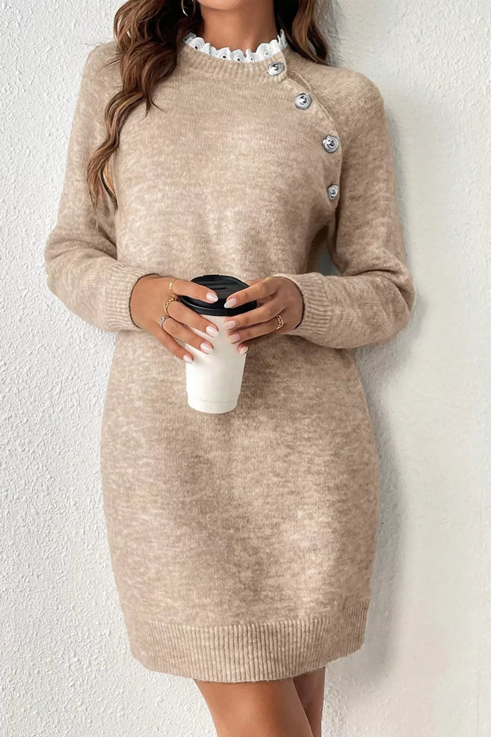 Ribbed Hem Raglan Sleeve Sweater Dress – view 3