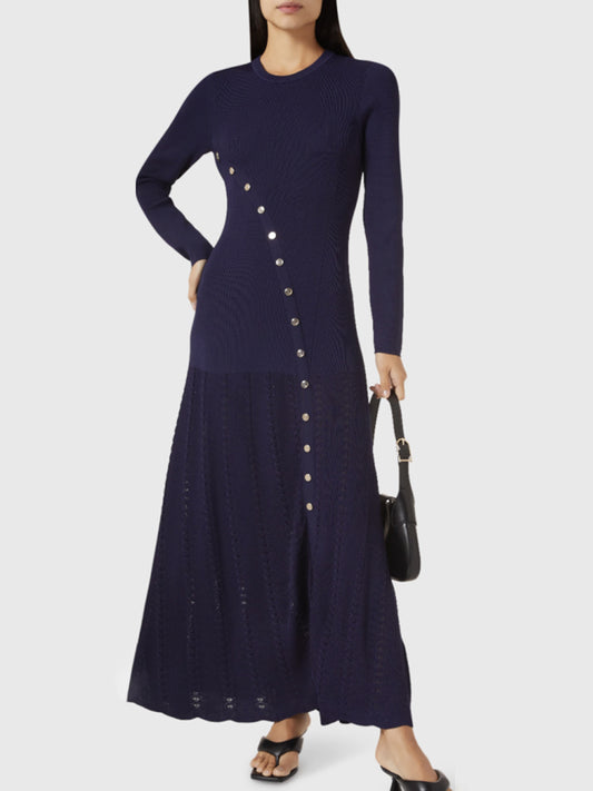 Openwork Round Neck Long Sleeve Sweater Dress