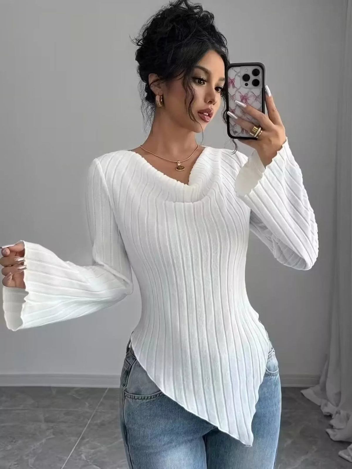 Cowl Neck Ribbed Knit T-Shirt – view 4