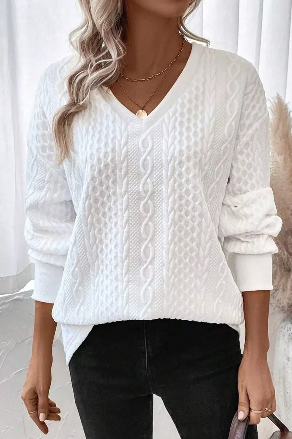 Solid Color Textured V Neck Drop Shoulder Knit Top – view 4
