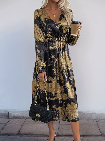 Perfee Printed Surplice Long Sleeve Midi Dress