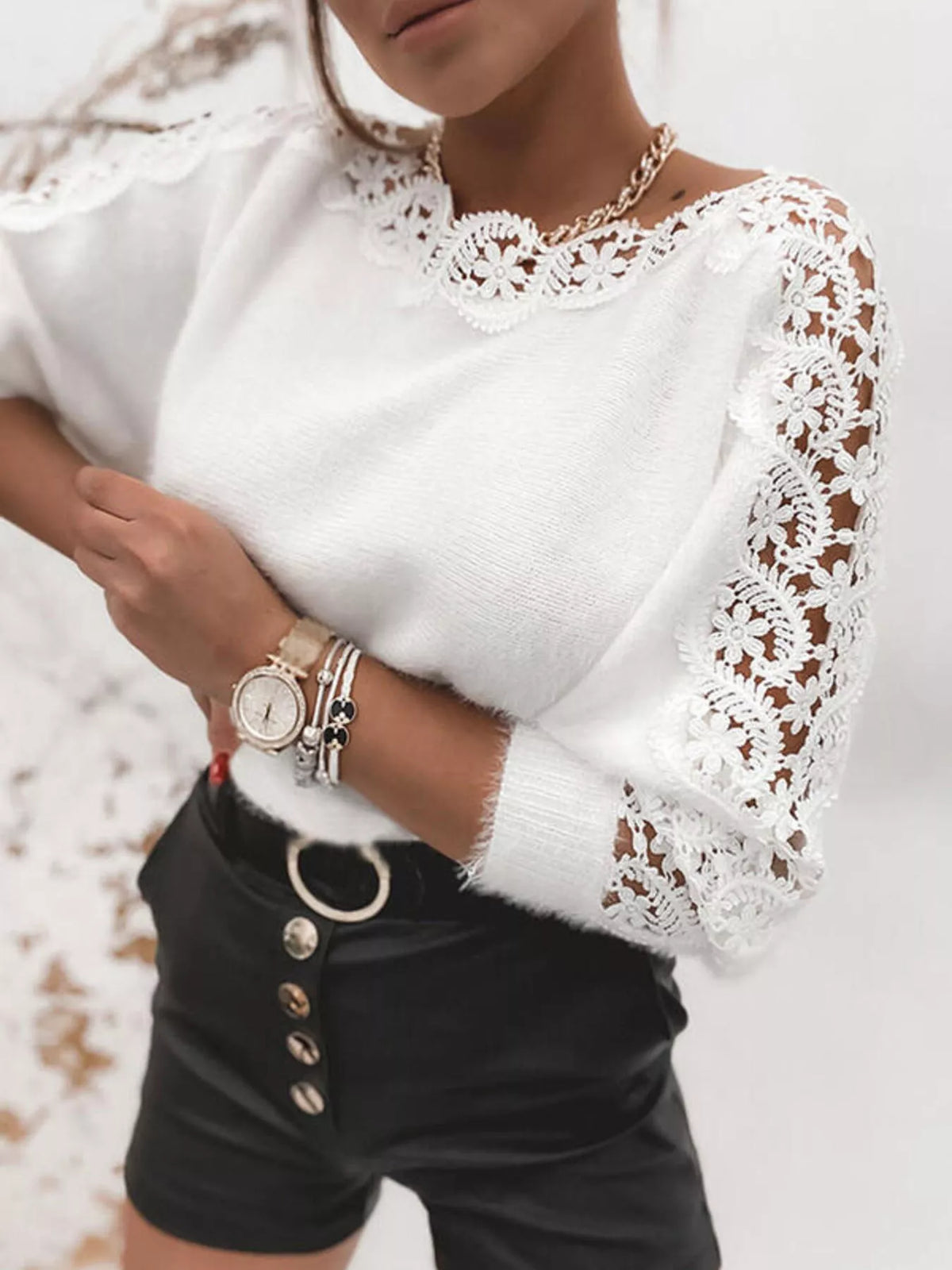 Lace Trim Round Neck Sweater – view 3