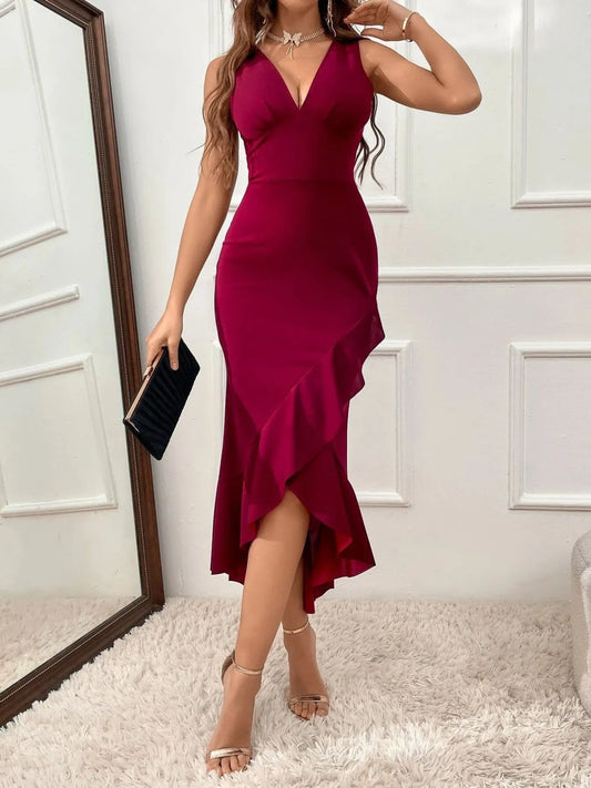 Ruffle Hem V-Neck Bodycon Dress – YTL Fashion