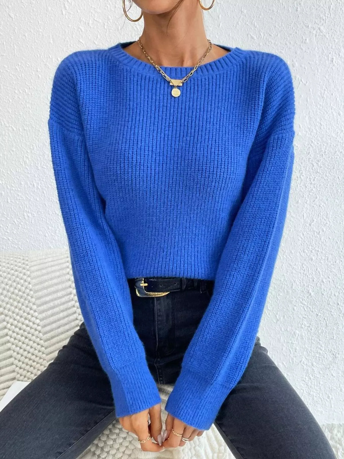 Ribbed Knit Dropped Shoulder Sweater – view 2