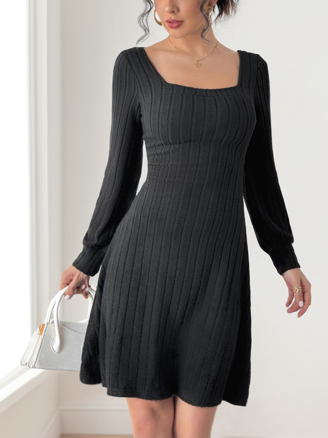 Perfee Butterfly Square Neck Long Sleeve Dress