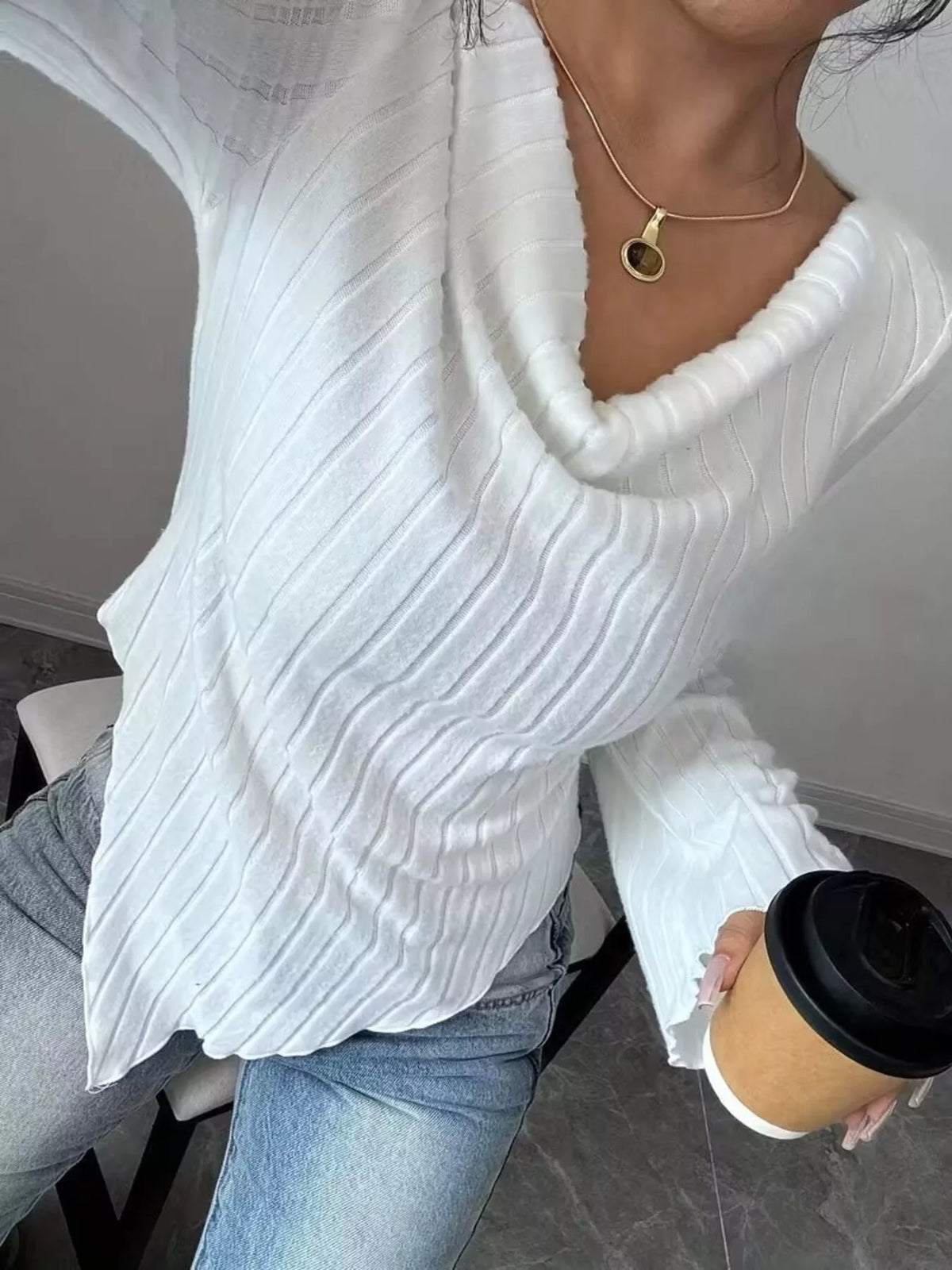 Cowl Neck Ribbed Knit T-Shirt – view 3