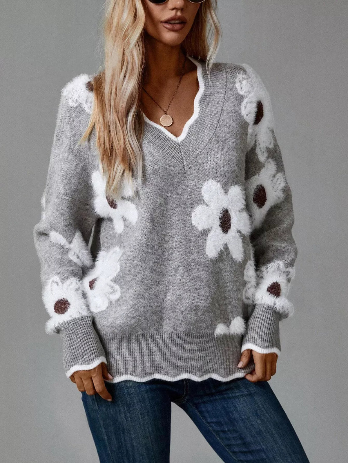 Floral V-Neck Long Sleeve Sweater – view 3
