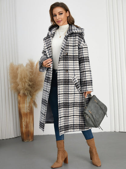 Plaid Double-Breasted Long Sleeve Longline Coat