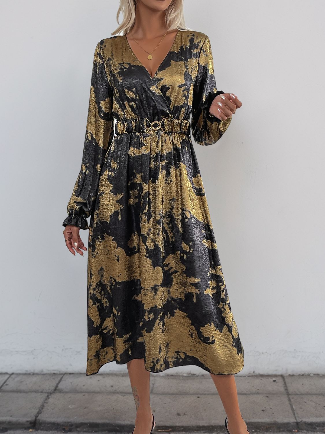 Perfee Printed Surplice Long Sleeve Midi Dress