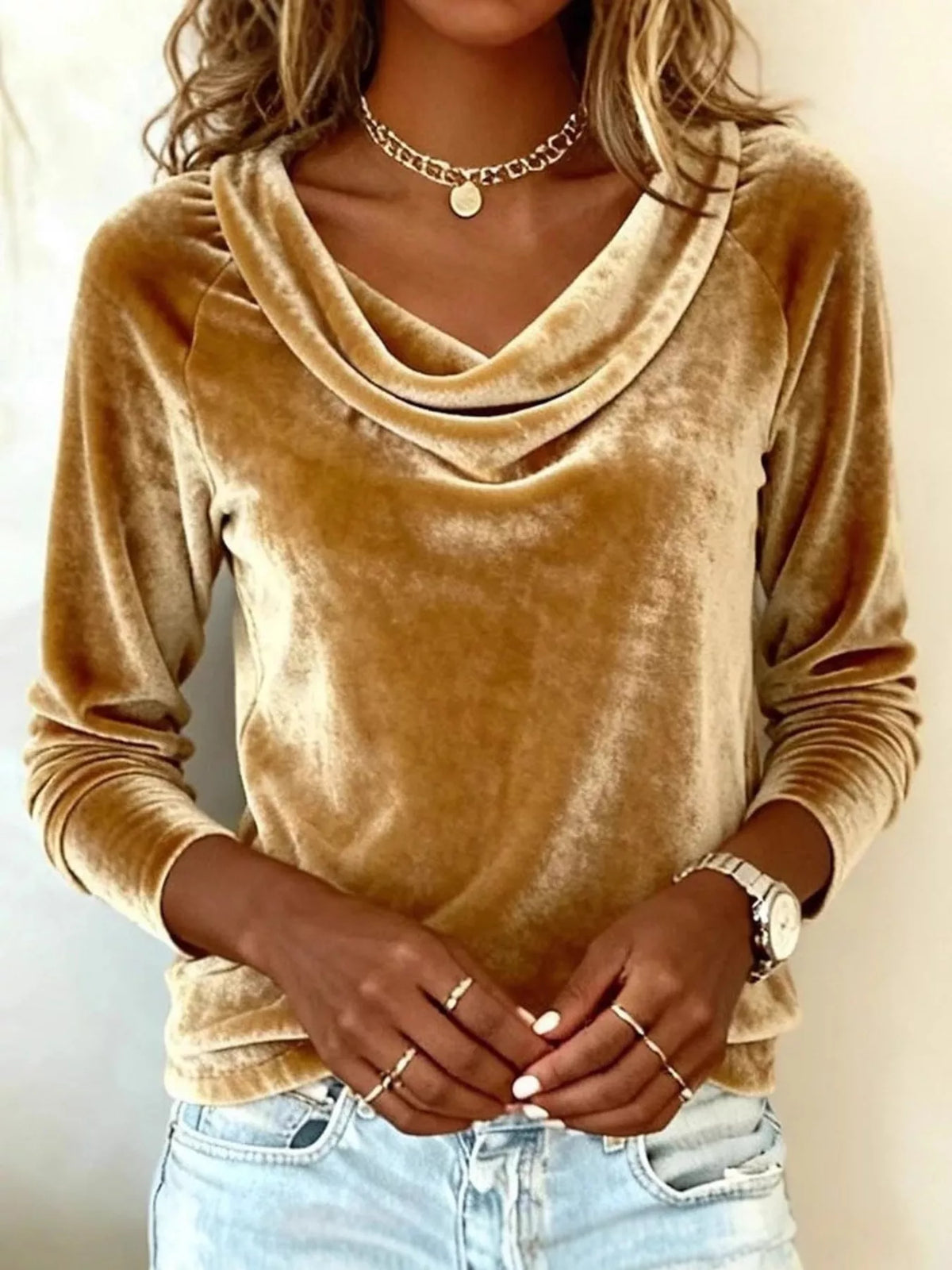 Velvet Cowl Neck Long Sleeve T-Shirt – YTL Fashion
