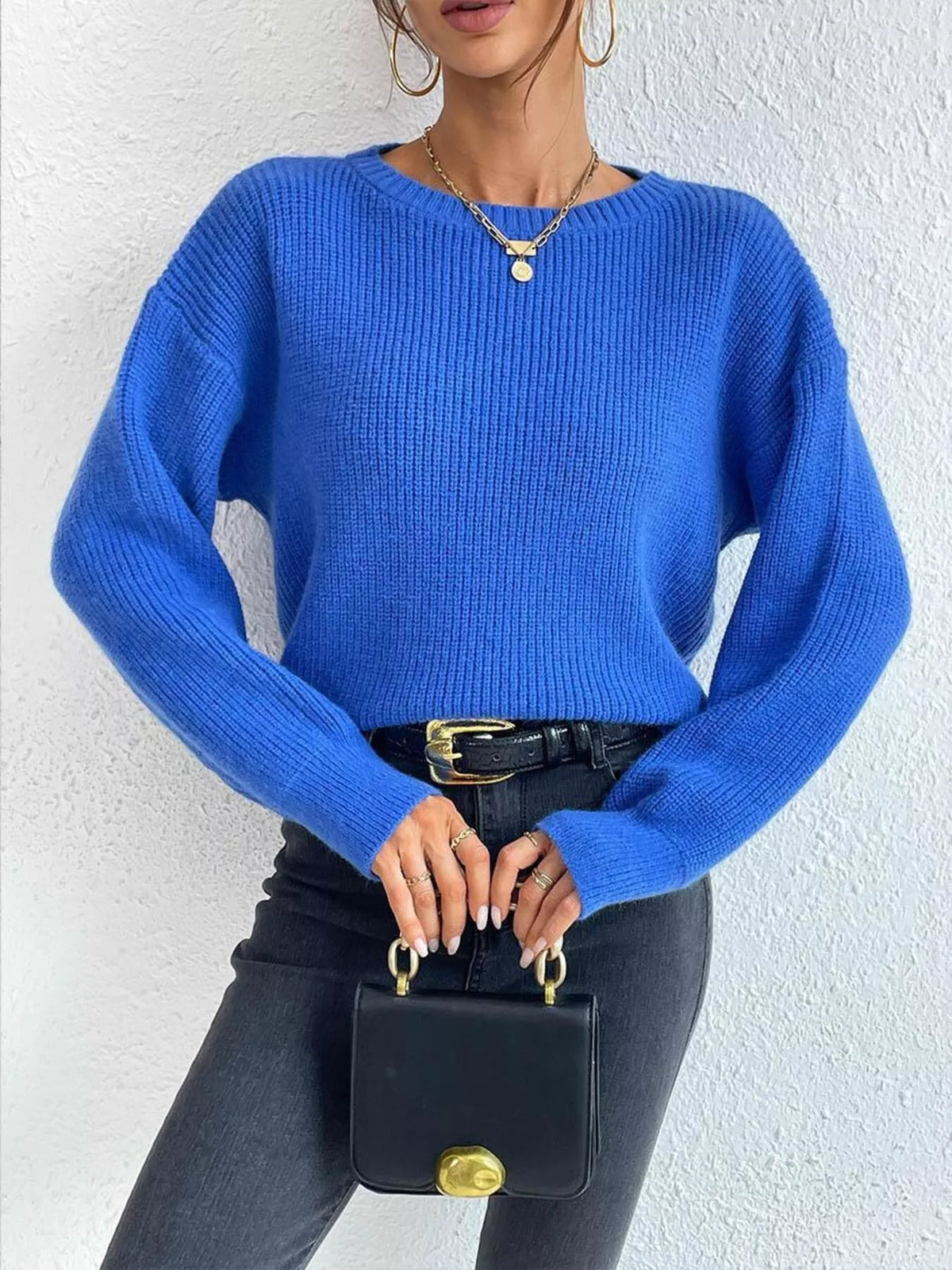 Ribbed Knit Dropped Shoulder Sweater – view 3