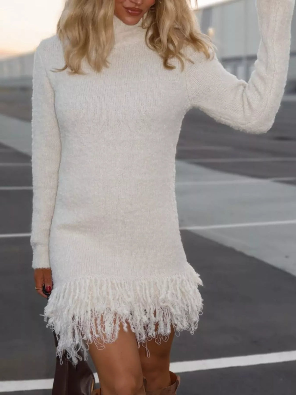 Fringe Turtleneck Long Sleeve Sweater Dress – view 2
