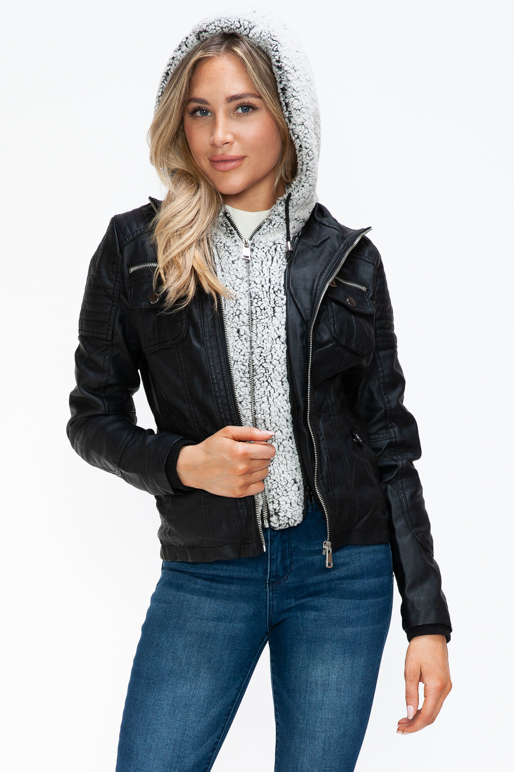 YMI Removable Faux Layered Multi-Pocket Jacket with Fuzzy Hood