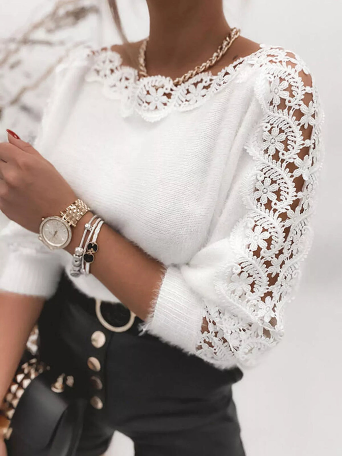 Lace Trim Round Neck Sweater – view 2