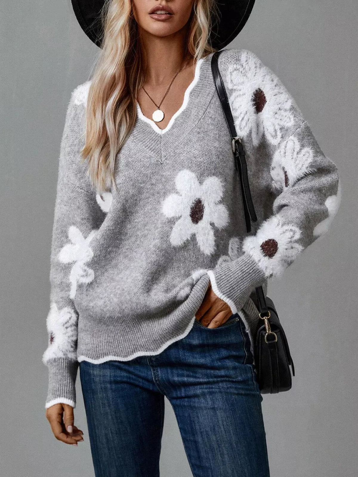 Floral V-Neck Long Sleeve Sweater – YTL Fashion