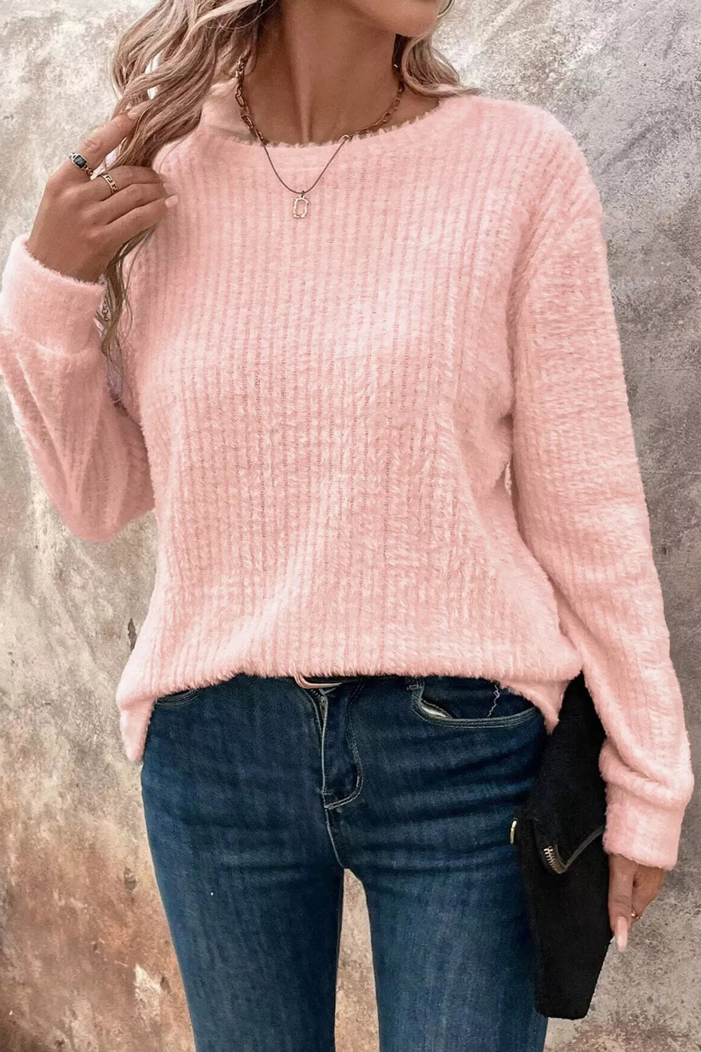Fuzzy Ribbed Texture Round Neck Long Sleeve Top – view 3