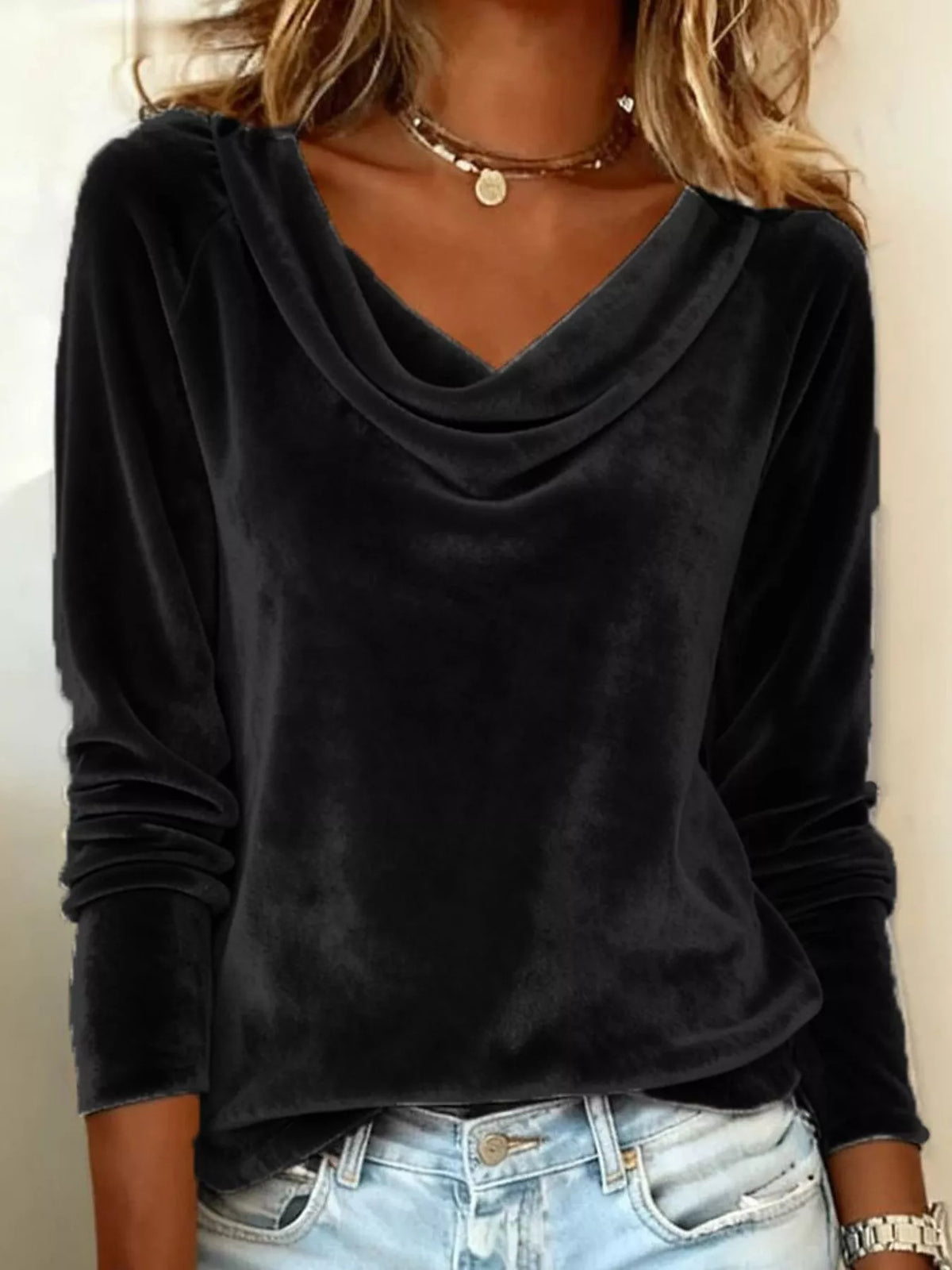 Velvet Cowl Neck Long Sleeve T-Shirt – view 4