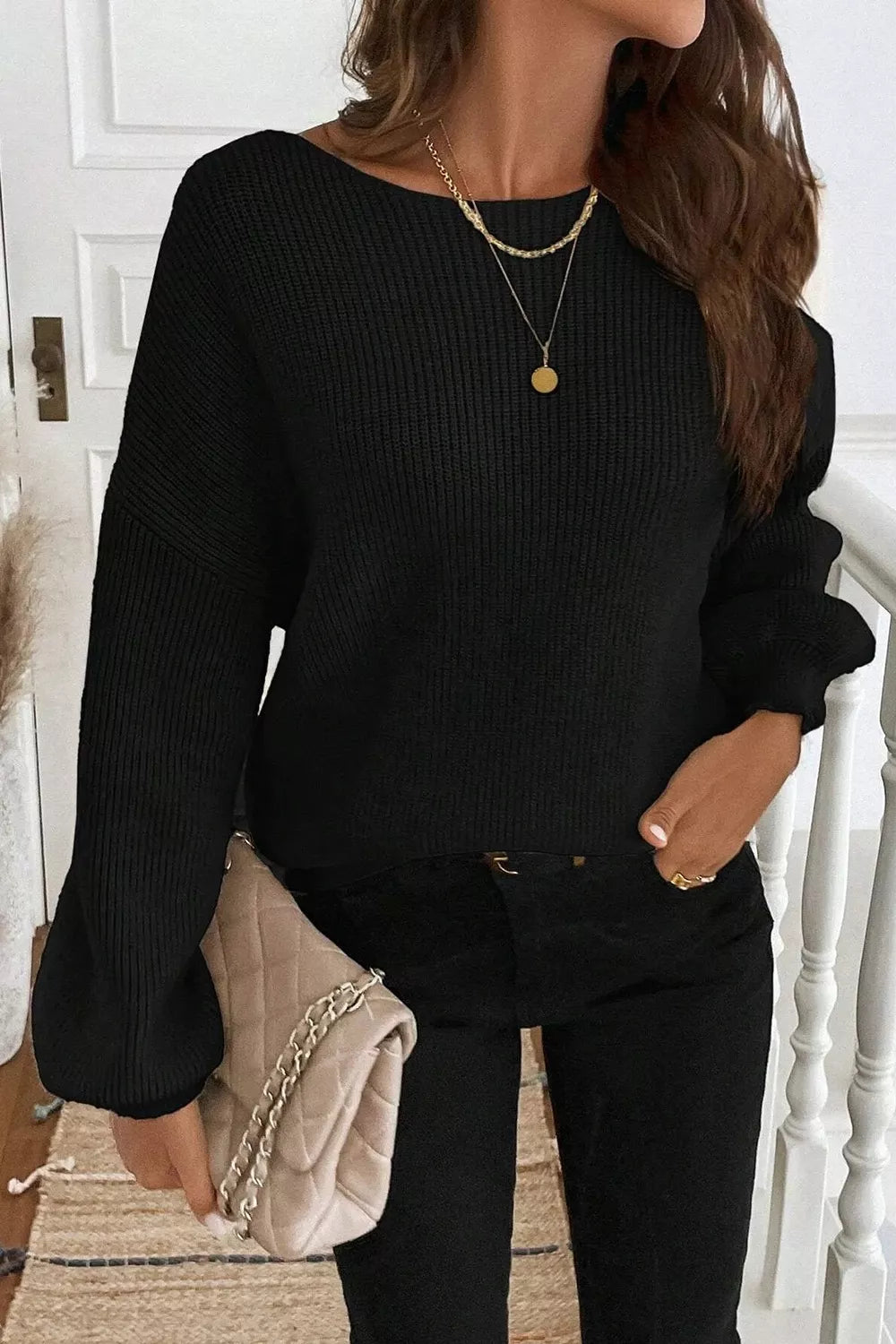 Ribbed Knit Ribbon Knot Backless Drop Shoulder Sweater – view 4