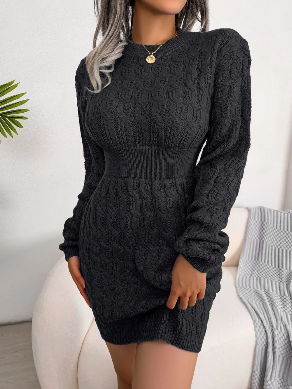 Cable-Knit Round Neck Mini Wrap Sweater Dress – YTL Fashion