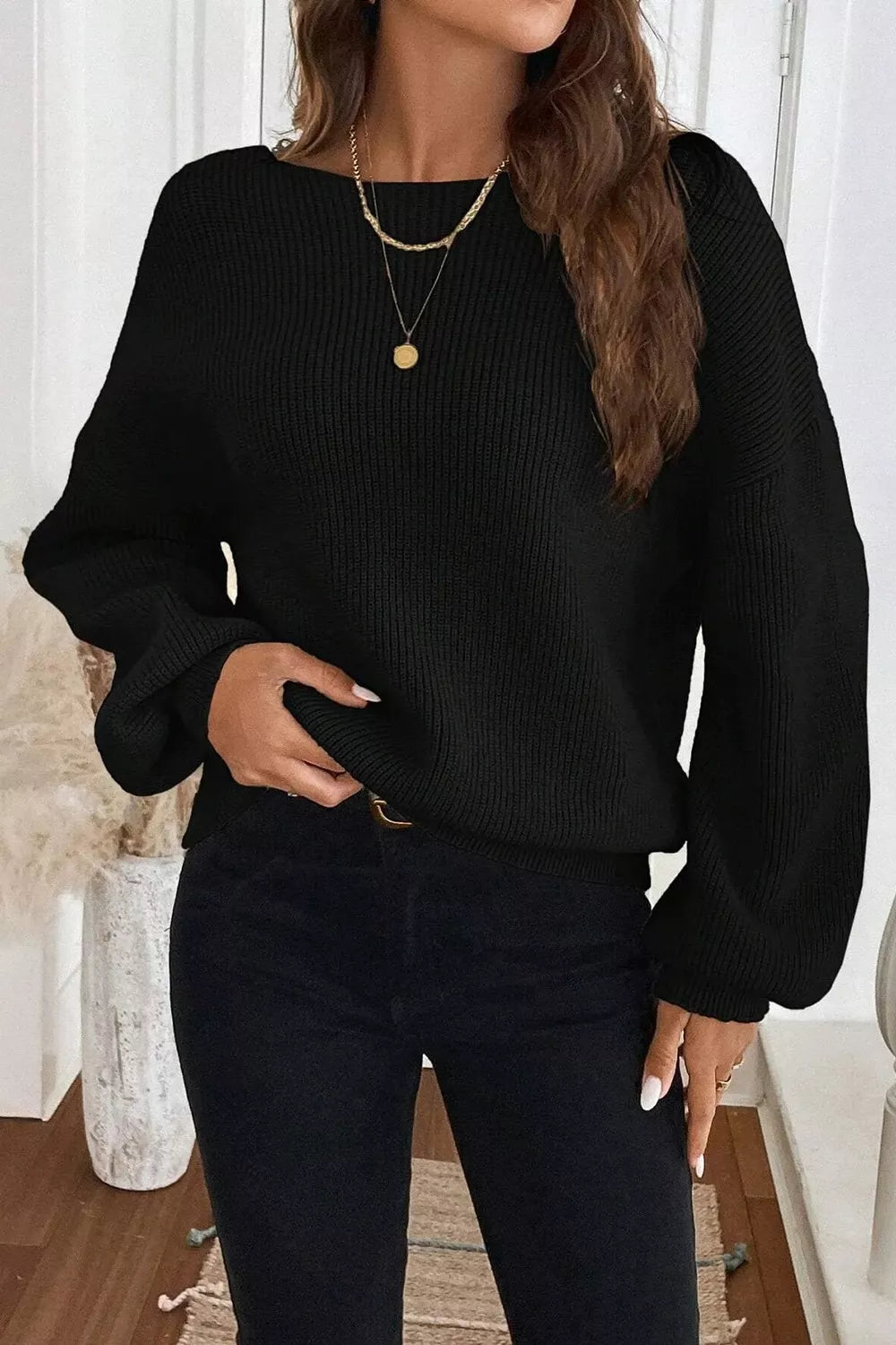 Ribbed Knit Ribbon Knot Backless Drop Shoulder Sweater – view 3