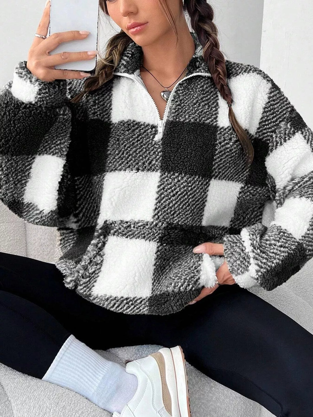 Full Size Plaid Sherpa Long Sleeve Sweatshirt Plus Size – view 4