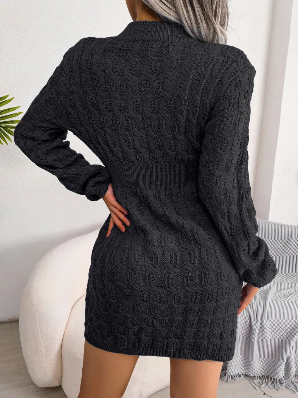 Cable-Knit Round Neck Mini Wrap Sweater Dress – view 3