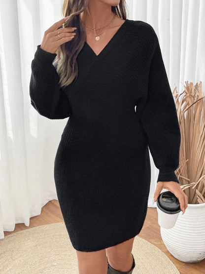 Perfee Surplice Long Sleeve Sweater Dress