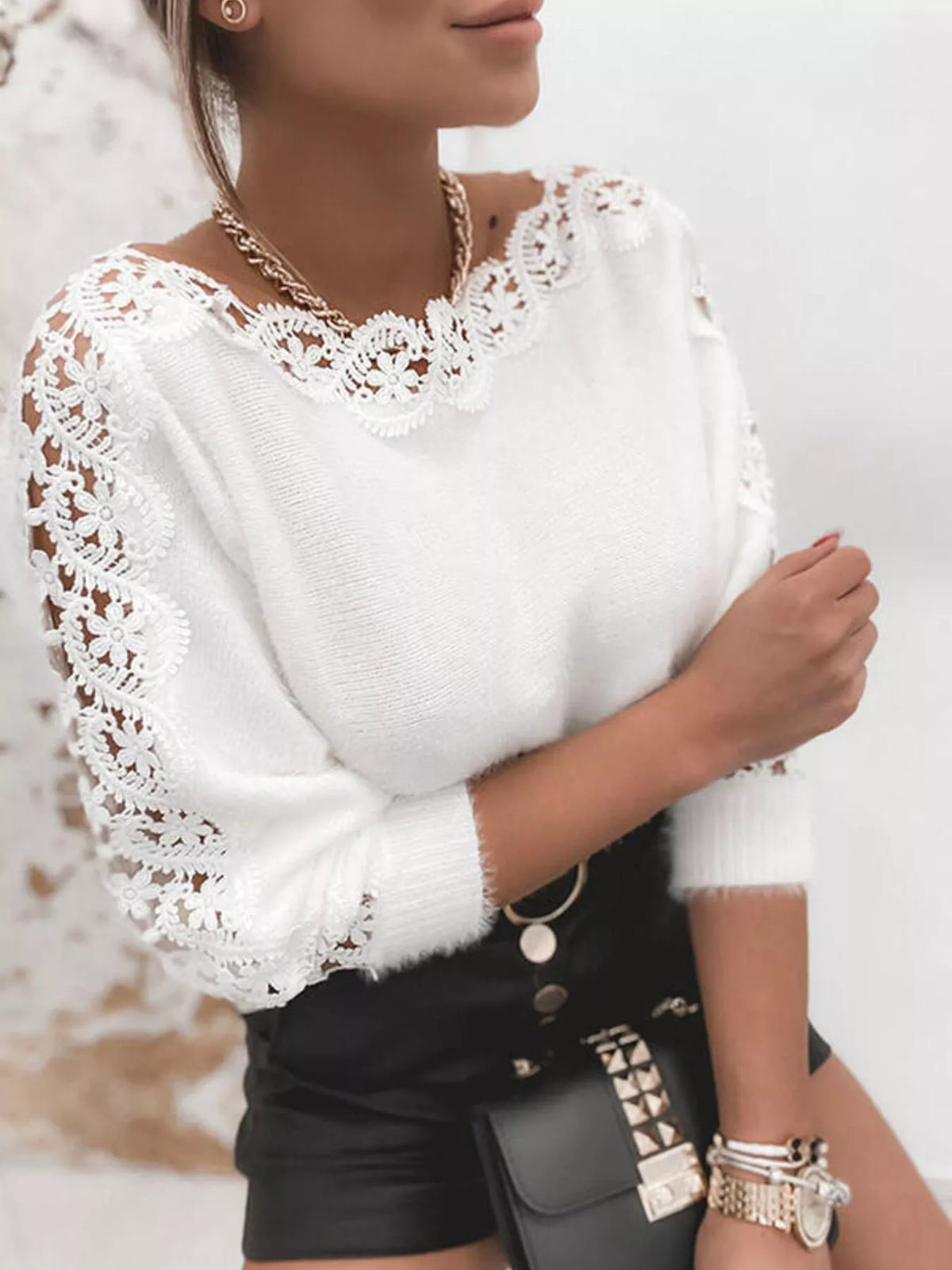 Lace Trim Round Neck Sweater – YTL Fashion