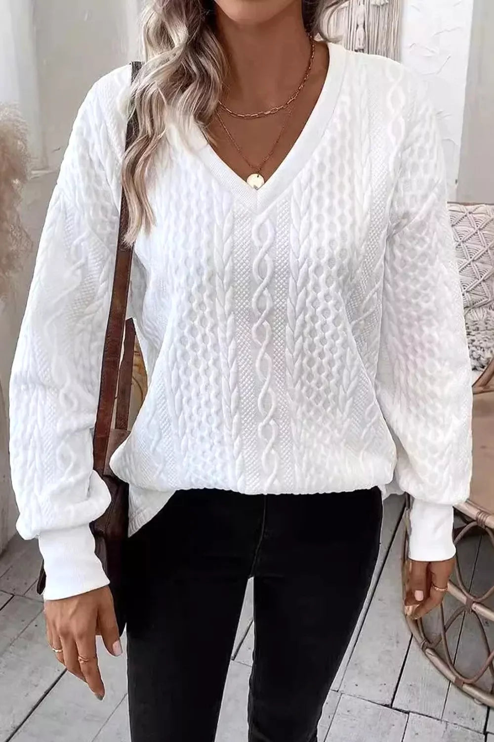 Solid Color Textured V Neck Drop Shoulder Knit Top – view 2