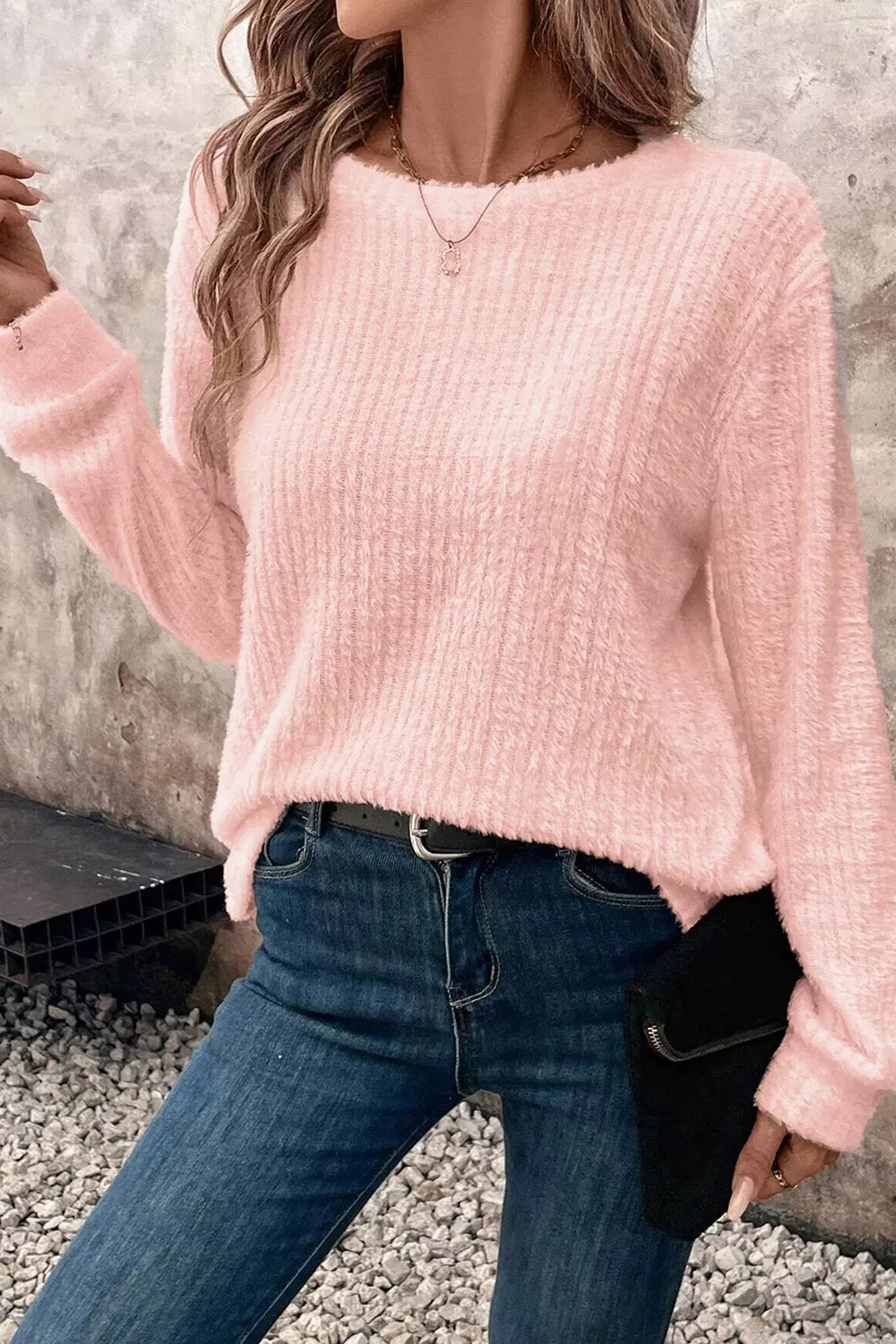 Fuzzy Ribbed Texture Round Neck Long Sleeve Top – view 2