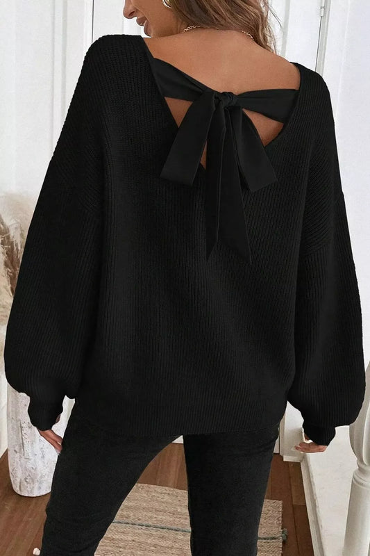 Ribbed Knit Ribbon Knot Backless Drop Shoulder Sweater – YTL Fashion