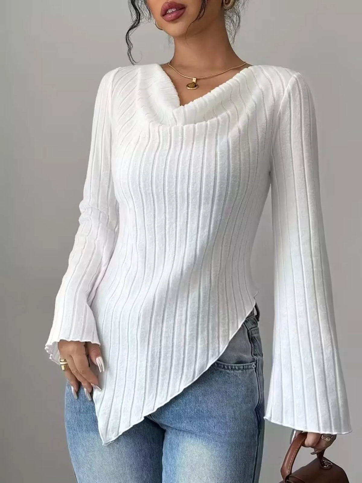 Cowl Neck Ribbed Knit T-Shirt – YTL Fashion
