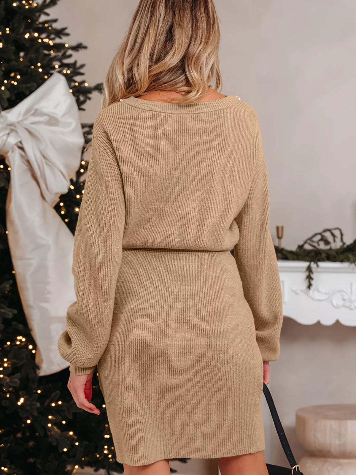 Pearl Embellished Keyhole Ribbed Sweater Dress – view 3