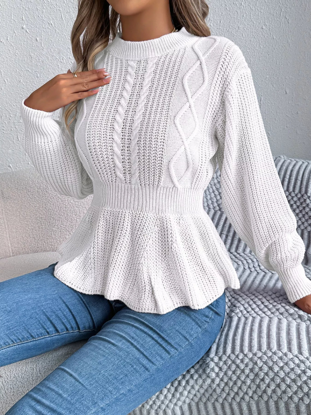 Cable Knit Round Neck Peplum Sweater – view 2