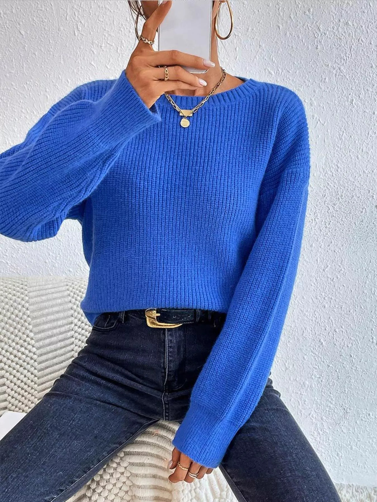Ribbed Knit Dropped Shoulder Sweater – view 4